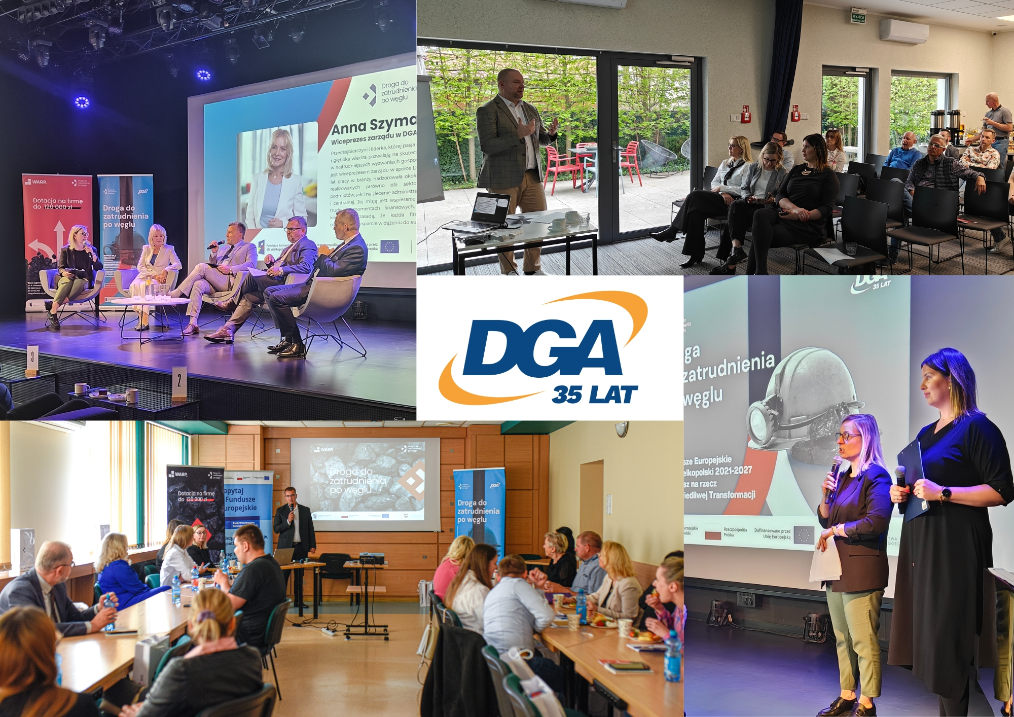 Grafika przedstawia kolaż zdjęć z konferencji i spotkań zorganizowanych w ramach Drogi do zatrudnienia po węglu. Jedno ze zdjęć przedstawia panel dyskusyjny, a inne wystąpienia prelegentów oraz uczestników.