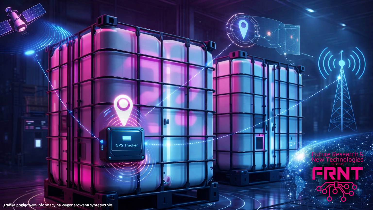 Wizualizacja Dużych Pojemników z oznaczeniami informatycznymi, lokalizacyjnymi oraz logo Future Research & New Technologies.